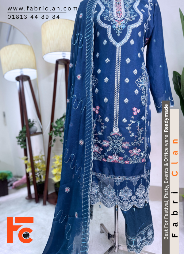 Royal Blue স্টার জর্জেট রেডিমেড লাক্সারি ফোর পিস ড্রেস